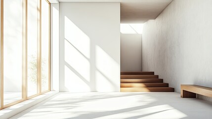 Fototapeta premium Modern minimalist hallway with wooden stairs, large window, and bench.