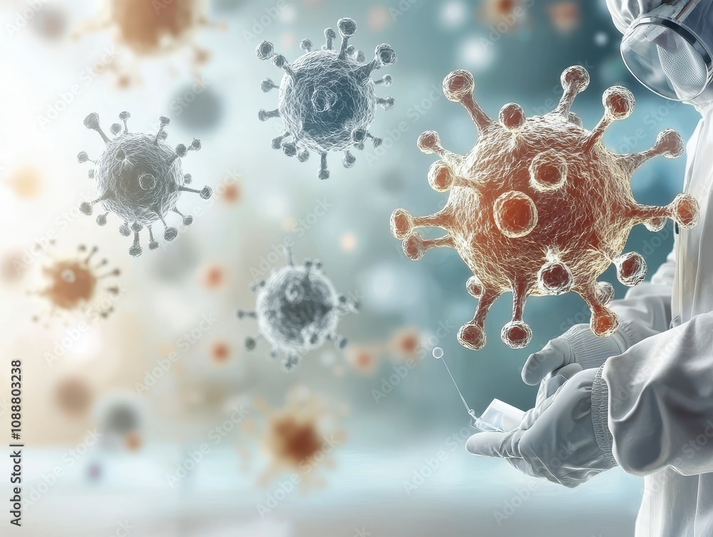 Poster a scientist in protective gear examines a virus, with glowing particles representing pathogens float
