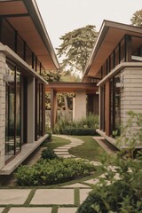 Obraz premium Modern Contemporary Home with Floor-to-Ceiling Windows and Beautiful Landscaping