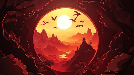 Sunset landscape viewed through a forest opening, depicted in a circular paper-cut style.