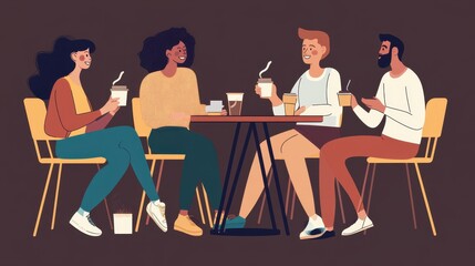 Group of Diverse Friends Enjoying Drinks and Lively Conversation at a Cozy Cafe Setting, Emphasizing Connection and Joy in a Warm Atmosphere