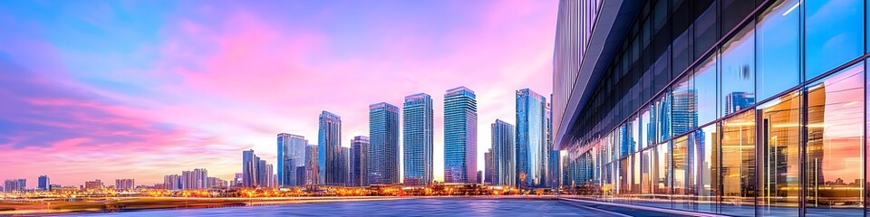 Obraz premium A vibrant cityscape of Nevada at dusk, showcasing the iconic landmark with high-rise buildings . The sky is painted with hues of blue and purple as the sun sets behind them, casting long shadows