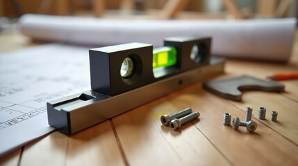 Precision Level Tool on Wooden Floor