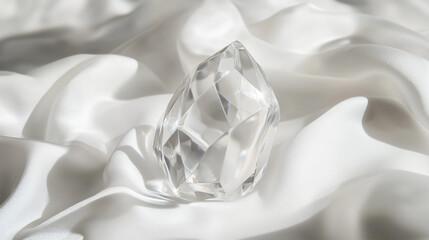 Clear crystal resting on soft white satin fabric