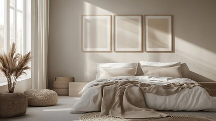 Beautiful Colored Mockup Bedroom Interior Blank Poster Decoration Art Background Image, generative AI