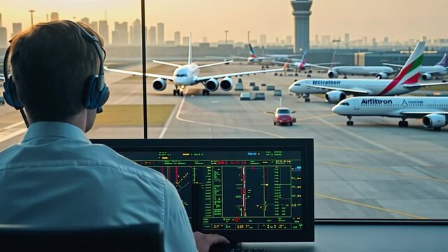 Air traffic controller monitoring airplane traffic on airport runway from control tower