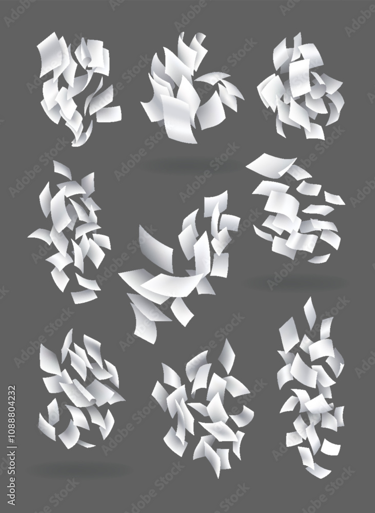 Poster falling paper sheets collection. set of flying curved leaves of paper. vector loose soar of notes wi