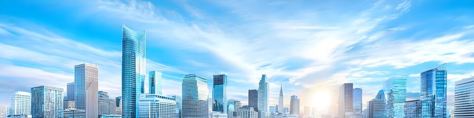 Fototapeta premium A vibrant cityscape of Washington at dusk, showcasing the iconic landmark with high-rise buildings . The sky is painted with hues of blue and purple as the sun sets behind them, casting long shadows