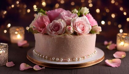 Naklejka premium A romantic closeup of a birthday cake on a dark background.