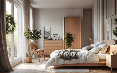 Scandinavian bedroom with large windows