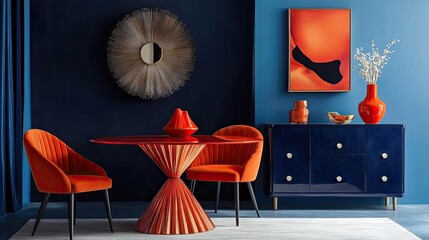 Modern dining room with orange and blue decor, round table, velvet chairs, and abstract art.