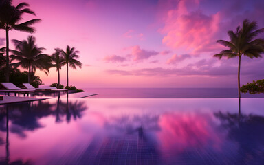 Obraz premium Serene infinity pool with ocean view, calm waters reflecting pink and purple evening sky