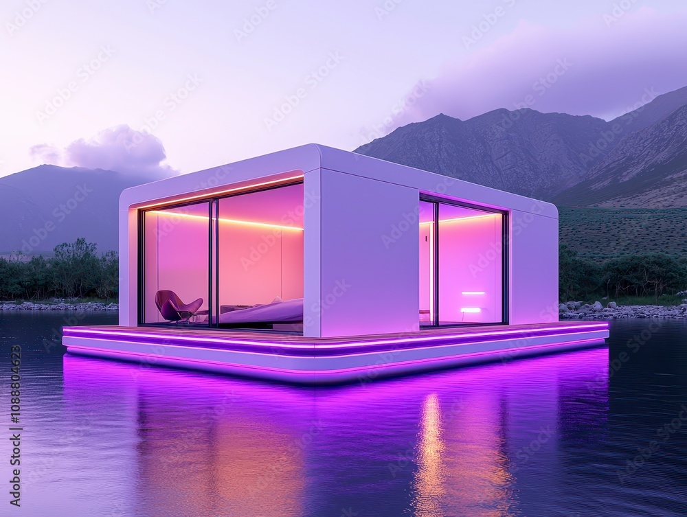 Poster a modern floating structure with a sleek design and vibrant lighting, situated on serene waters surr