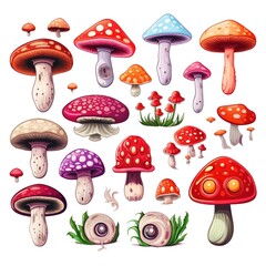 Adorable cartoon mushrooms with cute expressions and big eyes