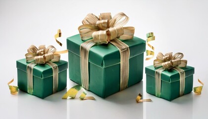 Obraz premium Green christmas gift boxes with gold ribbon rotating on white background