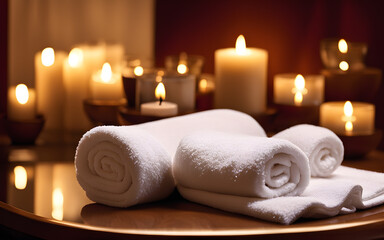 Ultimate spa relaxation towels and candles on a luxury resort table