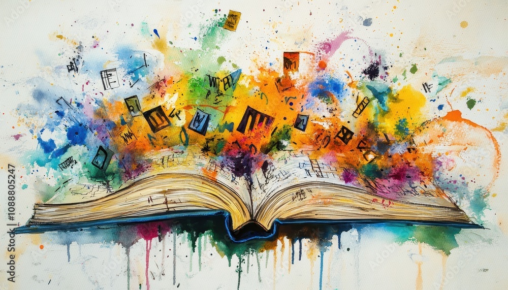 Aufkleber colorful explosion of letters and symbols emanating from open book in abstract watercolor style illu