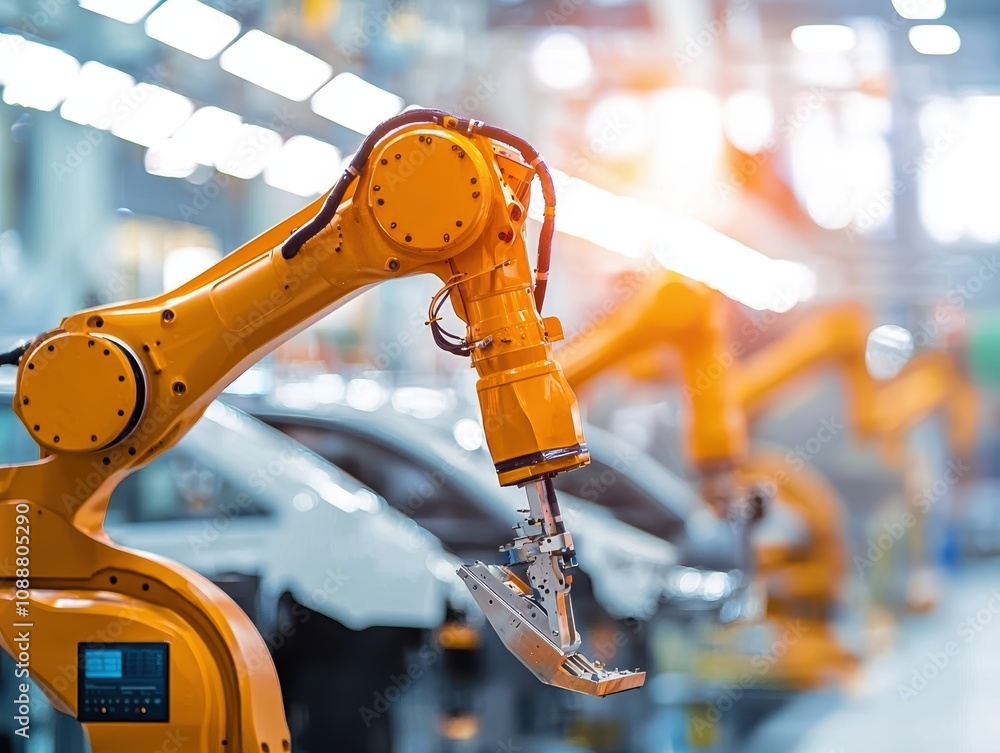 Poster robotic arm in modern automotive assembly line enhancing efficiency and precision in manufacturing p