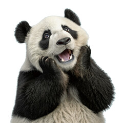 Obraz premium A panda with amazement, holding its paws to its face, mouth open in excitement.
