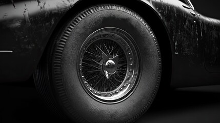 Close-up of a classic car's wheel and tire, showing detail and texture.