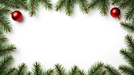 Christmas decorations with tree branches and baubles frame isolated on white background