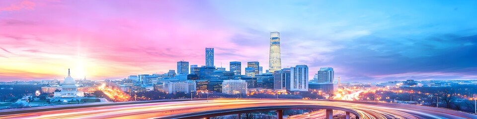 A vibrant cityscape of Washington at dusk, showcasing the iconic landmark with high-rise buildings . The sky is painted with hues of blue and purple as the sun sets behind them, casting long shadows