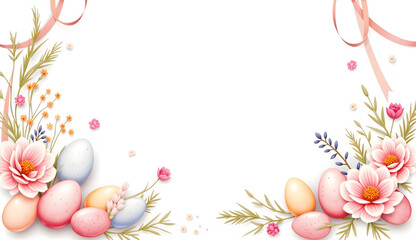 Fototapeta premium Beautifully decorated easter egg border with flowers and ribbons on a soft white background, copy space 