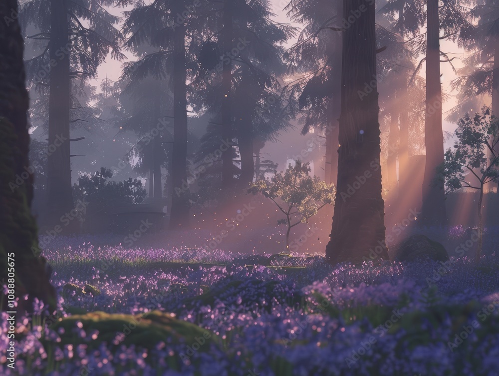 Poster serene forest scene at dawn with gentle light filtering through trees and carpet of purple blossoms 