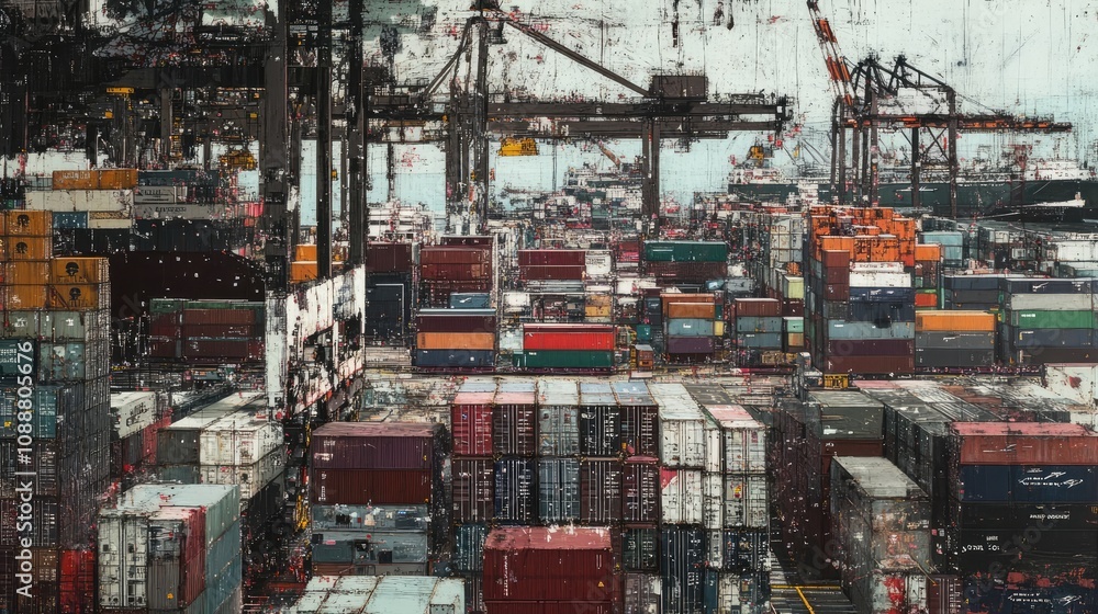 Aufkleber aerial view of a busy container port with numerous cargo containers and cranes.