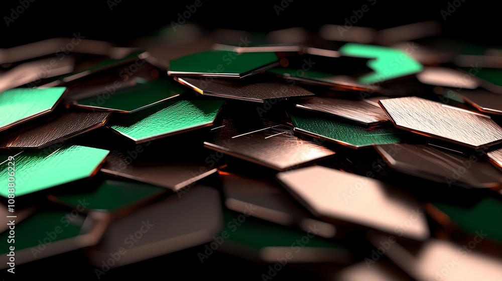 Aufkleber a close-up view of shimmering metallic hexagonal tiles with a blend of rich green and copper hues cr