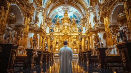 Obraz premium A man stands in a large, ornate church