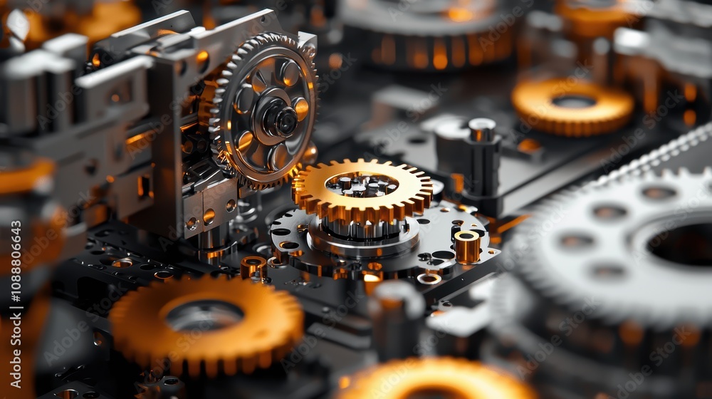 Poster intricate close-up of metallic gears and cogs in a mechanism highlighting shiny orange accents amids