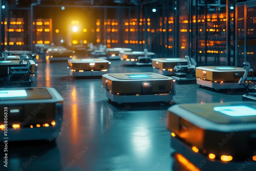 Poster automated warehouse with robotic systems and illuminated pathways showcasing advanced technology in 