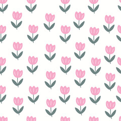 Seamless floral pattern with pink flowers. Pink tulips on white background, vector illustration.