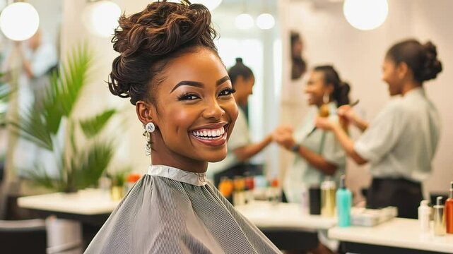 Happy customer smiling in hair salon with hairdressers working