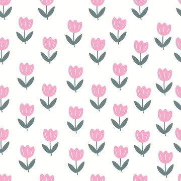 Seamless floral pattern with pink flowers. Pink tulips on white background, vector illustration.
