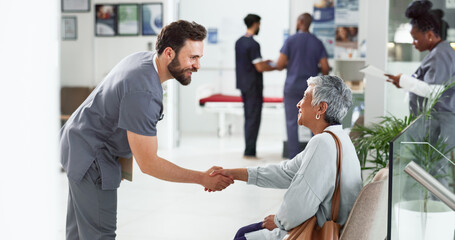Doctor, handshake and meeting with old woman in hospital for consulting, diagnosis and healthcare...