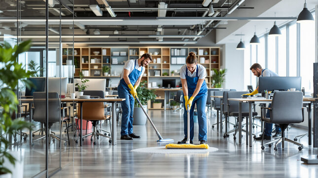 Three cleaners are thoroughly mopping and disinfecting the floor in a contemporary office during the day
