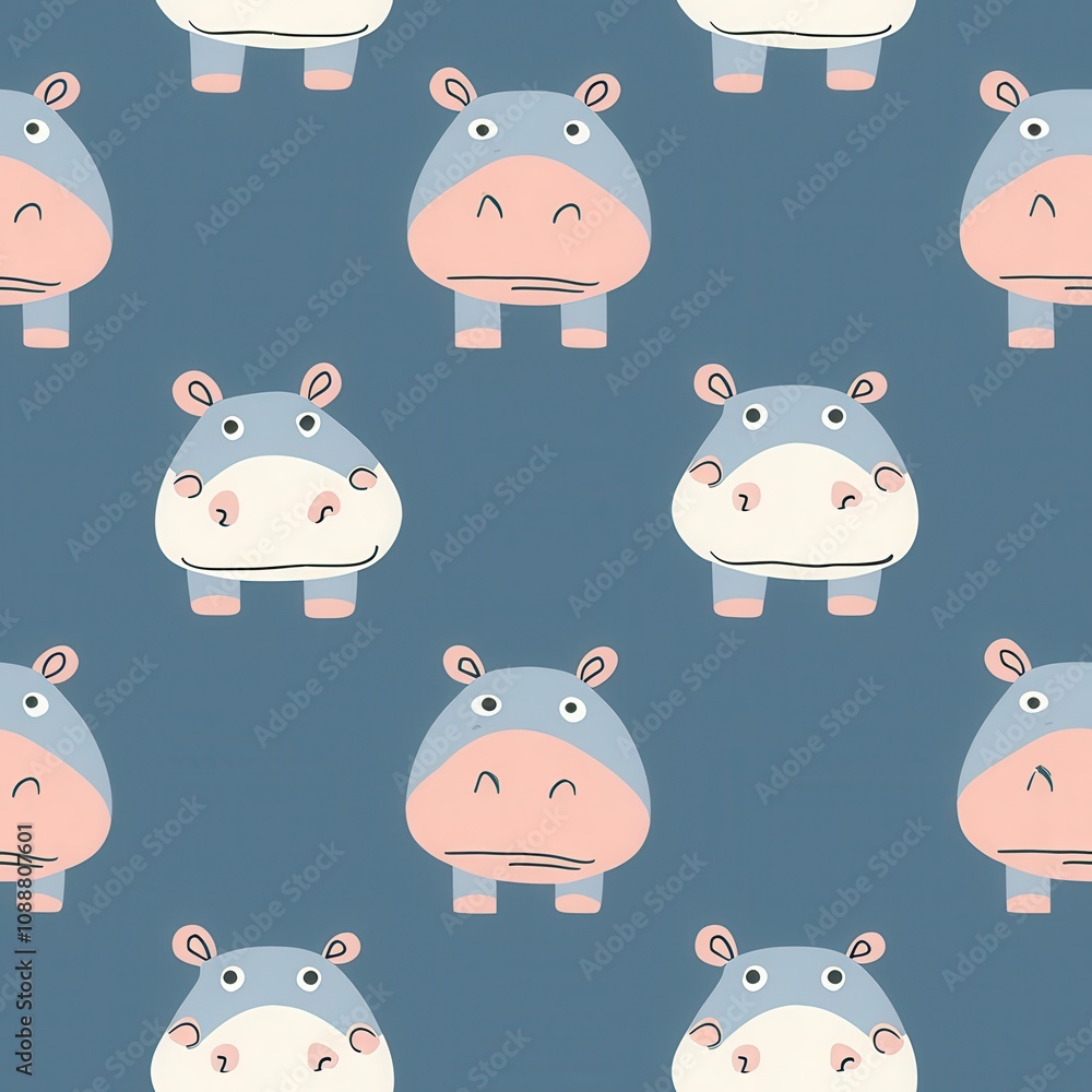 Poster cute and playful hippopotamus characters in a seamless pattern design for children's products and fu