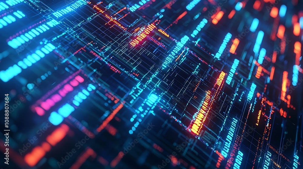 Poster futuristic blockchain network with glowing digital equity shares and real time transparent transacti