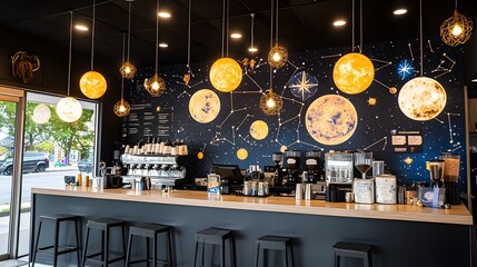 A celestial-themed coffee bar with glowing moons as lamps, star maps on the walls, and a dark, dreamy atmosphere