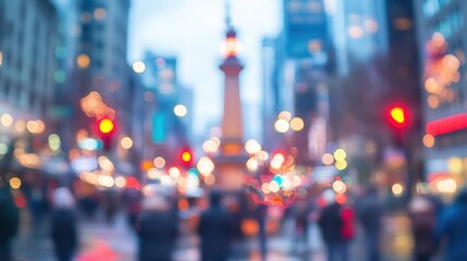 Fototapeta premium Blurred city street scene at dusk, with monument and pedestrians.