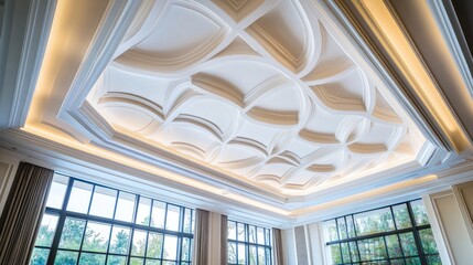 Elegant ornate ceiling with recessed lighting and large windows.