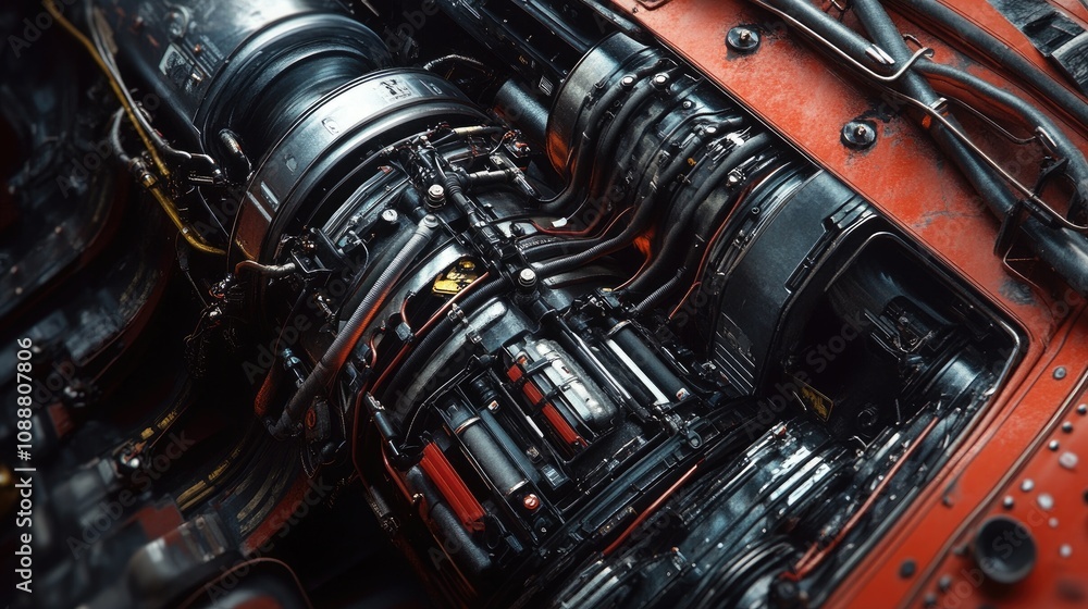 Poster detailed close-up of a complex, futuristic engine mechanism with red and black components.
