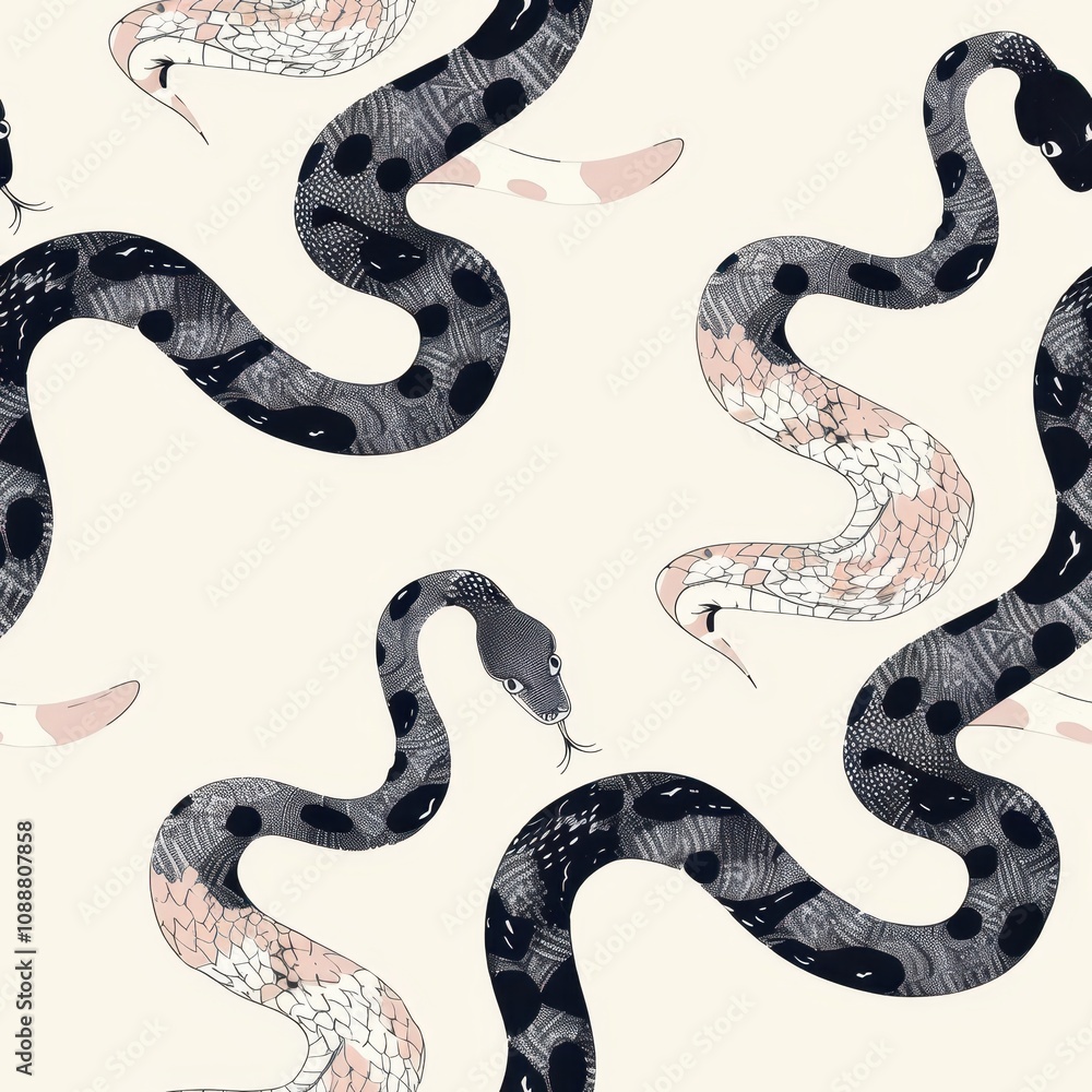 Poster illustrated serpents in light pastel colors with geometric patterns creating a playful and whimsical