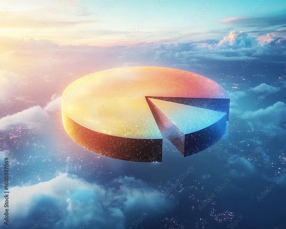 Poster glowing pie chart floating in atmospheric sky representing business equity