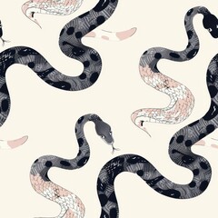 Obraz premium Illustrated Serpents in Light Pastel Colors with Geometric Patterns Creating a Playful and Whimsical Background Design for Creative Projects