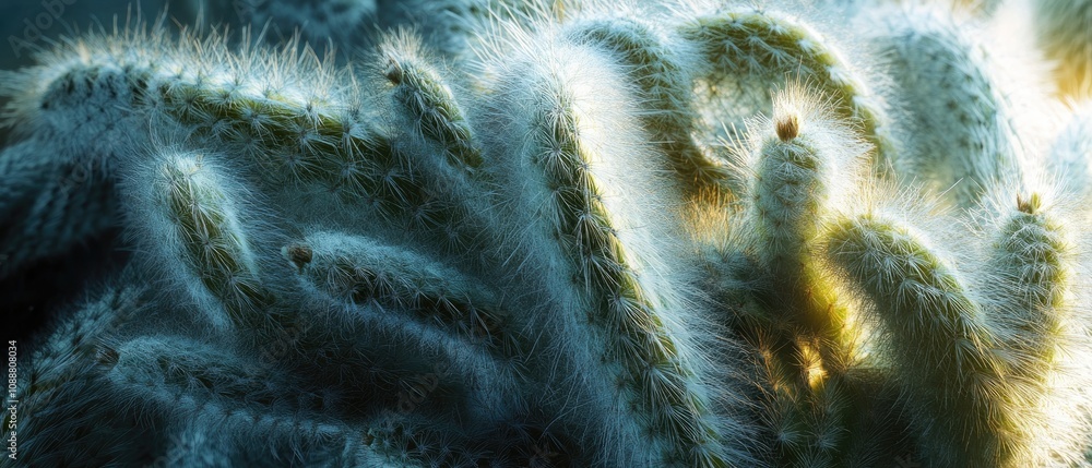 Poster close-up of a fuzzy cactus with soft light illuminating its intricate texture.