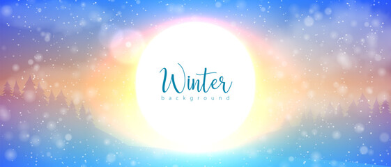 Winter snowfall sunrise nature horizontal background. Sun cloud forest vector landscape. Morning sky light effect. Sunlight abstract header banner. Christmas design for cover adventure tourism walks