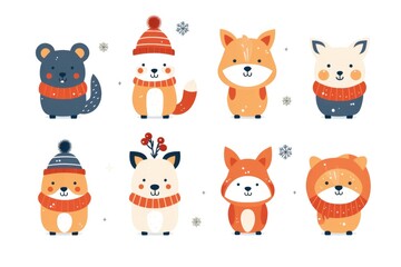 Fototapeta premium Adorable winter animals in cozy knitted attire with festive hats